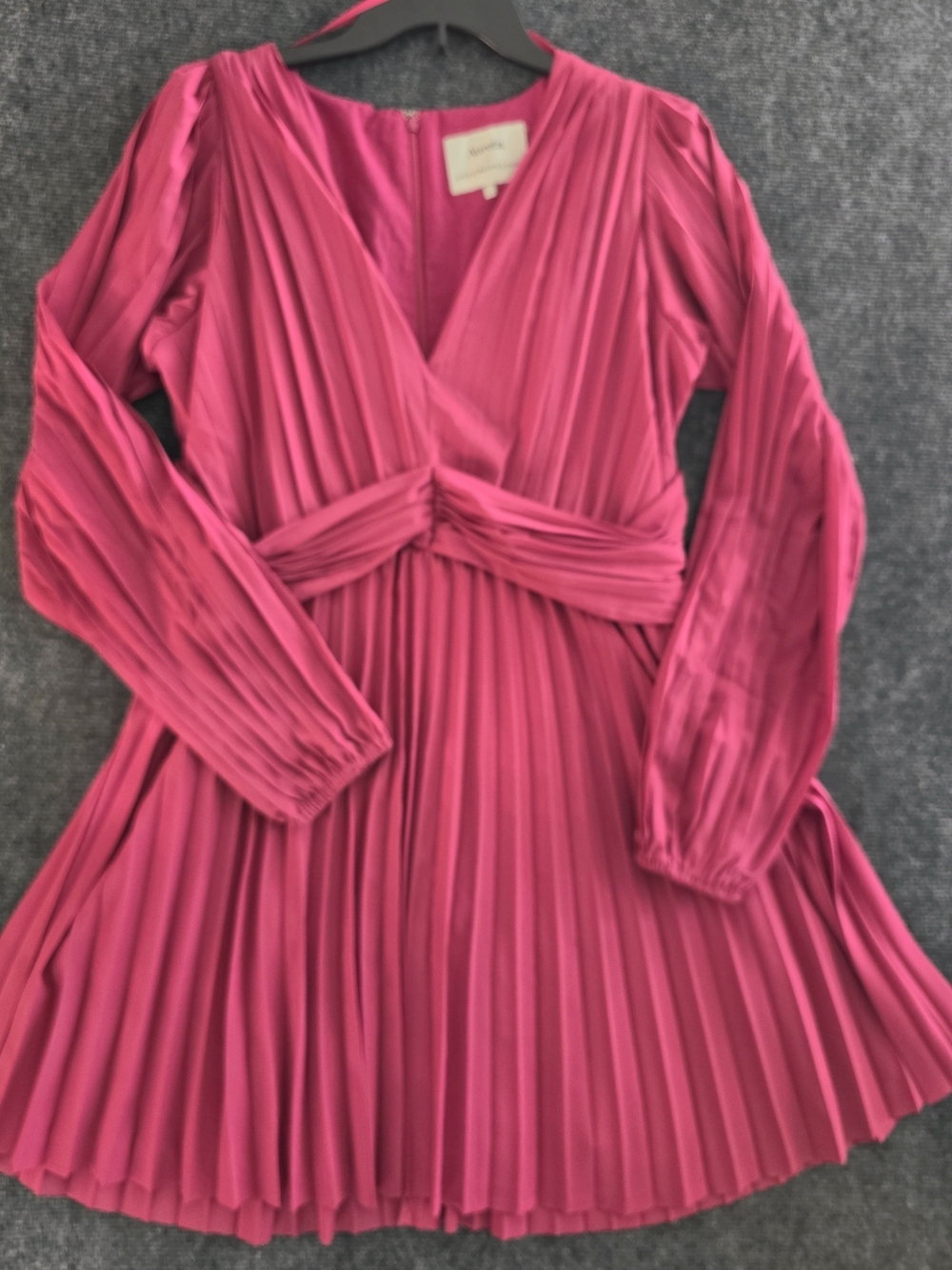 Aureta x Anthropologie Pleated Long Sleeve V Neck Mini Dress Raspberry Pink Lg - Picture 3 of 5